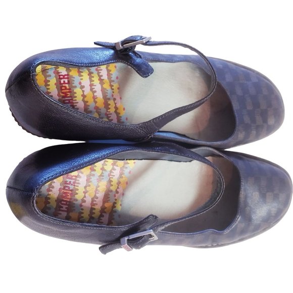 Camper Mary Jane heels size 40 wedge navy/brown checkered print, leather. - Picture 8 of 11